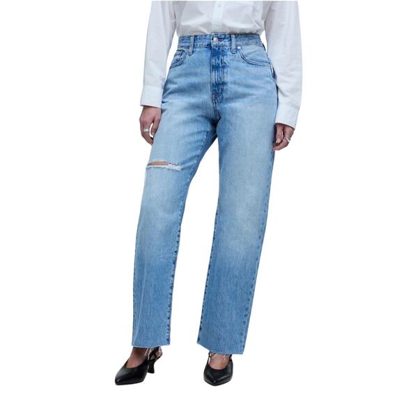 Madewell Jeans Women 27 Blue Curvy 90s Straight Revoir Wash Distressed Raw Hem - Picture 2 of 10